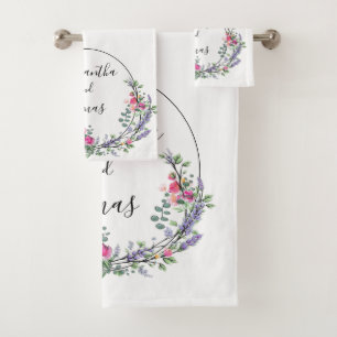 Lavender Eucalyptus pink roses watercolor   Bath Towel Set