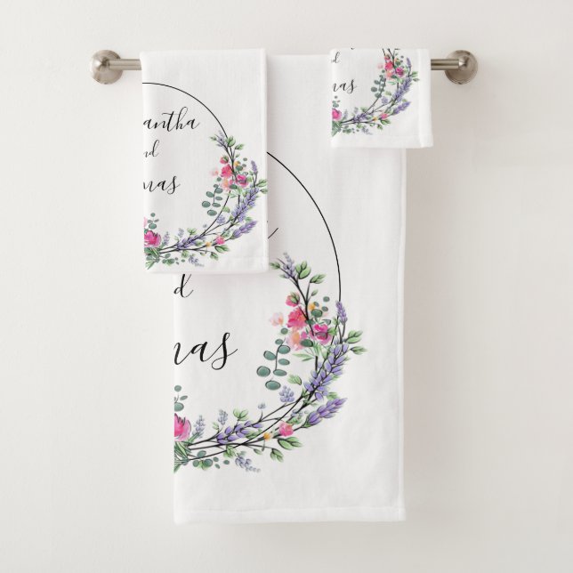 Lavender Eucalyptus pink roses watercolor   Bath Towel Set (Insitu)