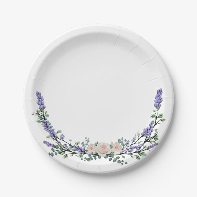 Lavender Eucalyptus pink white rose Paper Plates (Front)