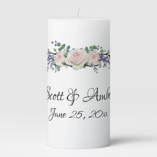 Lavender Eucalyptus pink white roses Pillar Candle