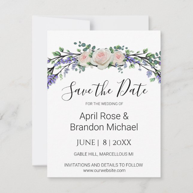 Lavender Eucalyptus pink white roses Save The Date (Front)
