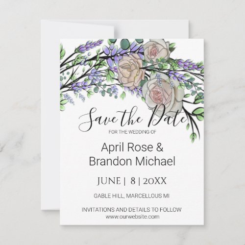 Lavender Eucalyptus pink white roses Save The Date