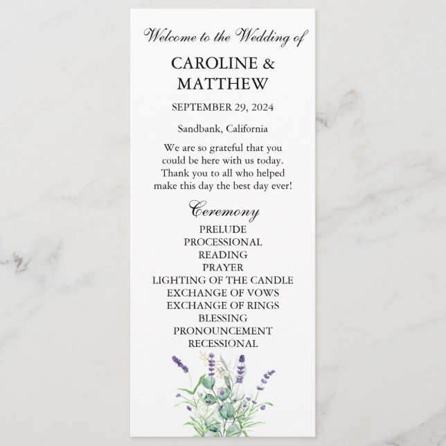 Lavender Eucalyptus Purple Floral Sage Wedding  Program (Front)