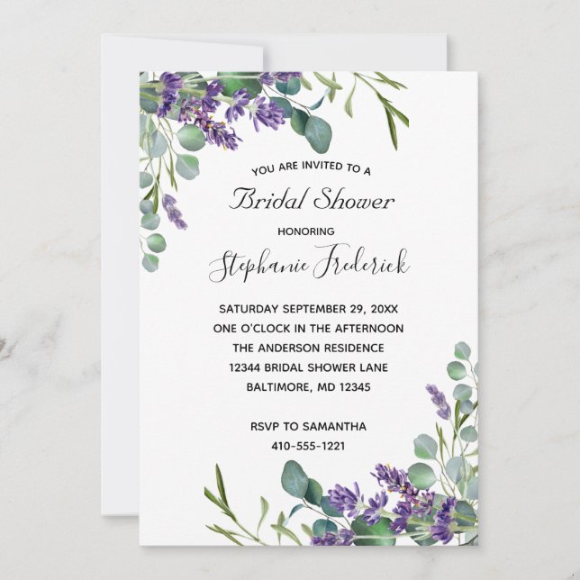 Lavender Eucalyptus Purple Greenery Bridal Shower Invitation (Front)