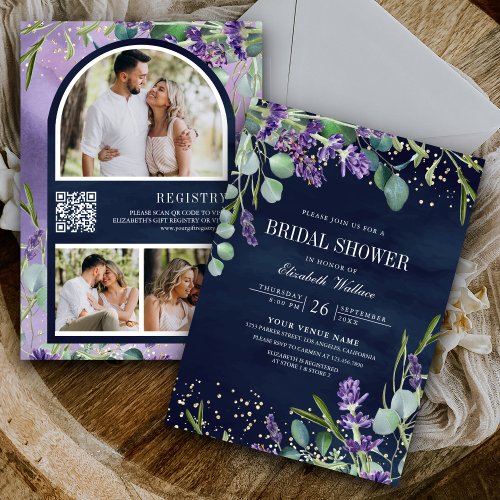 Lavender Eucalyptus QR Code Navy Bridal Shower Invitation