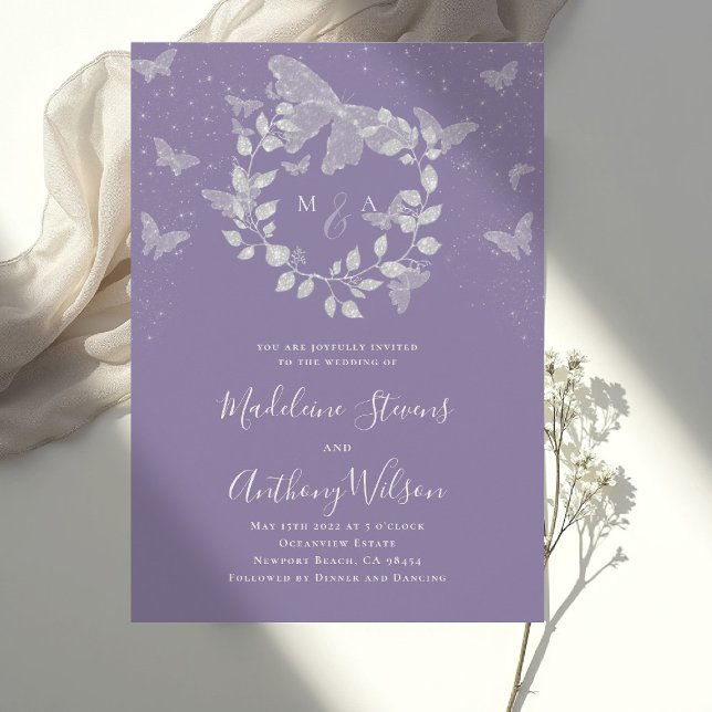 Lavender Eucalyptus Romantic Butterfly Wedding Invitation (lavender wedding invitation butterfly eucalyptus modern classic romantic elegant initial calligraphy)