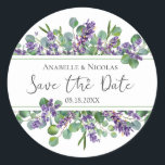 Lavender Eucalyptus Save the date Sticker<br><div class="desc">This design features a watercolor illustration of Purple lavender flowers and eucalyptus foliage. Text "Save the date" is written in a Script font.</div>