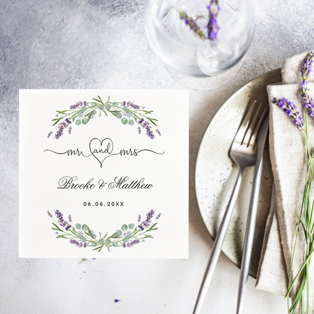 Lavender eucalyptus script mr mrs heart wedding napkins (Creator Uploaded)