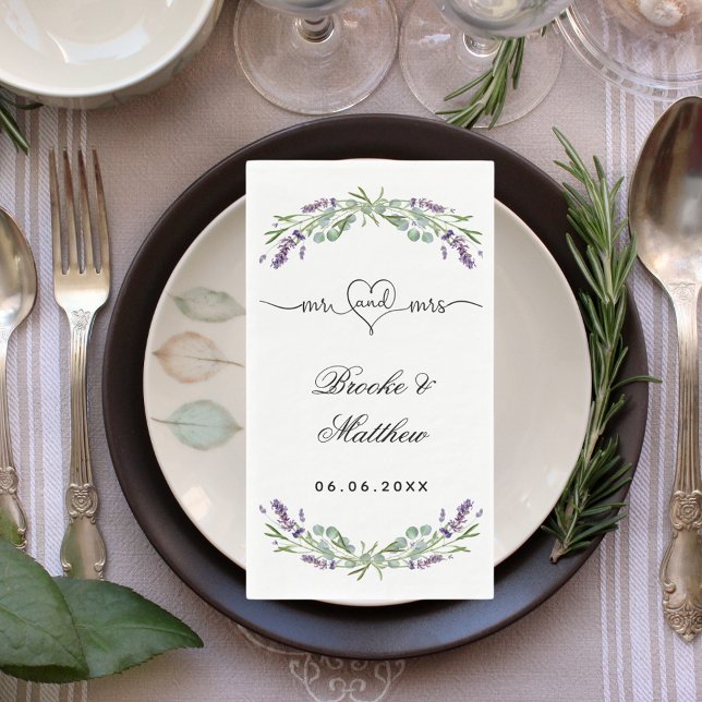 Lavender eucalyptus script mr mrs heart wedding paper guest towels (Creator Uploaded)
