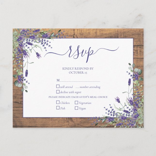 Lavender Eucalyptus Script Wood Wedding RSVP Invitation Postcard (Front)