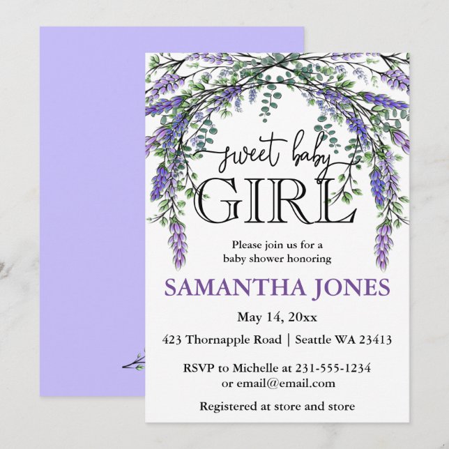 Lavender eucalyptus watercolor baby shower  invitation (Front/Back)