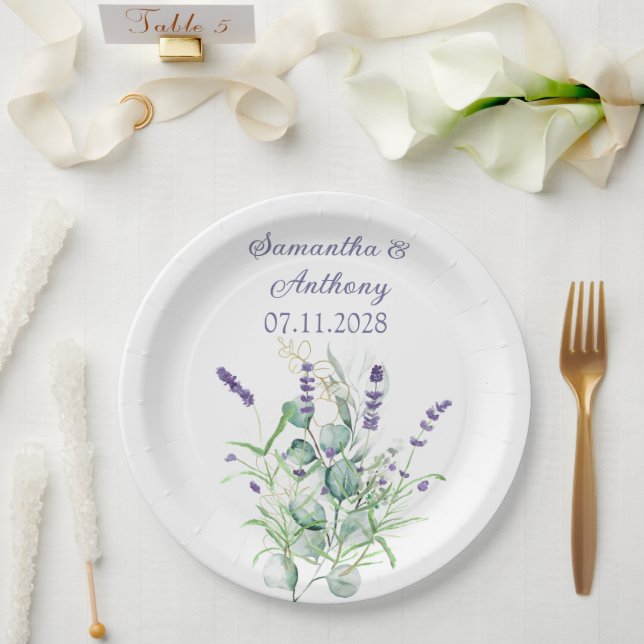 Lavender Eucalyptus Watercolor Herbs Purple  Paper Plates (Wedding)