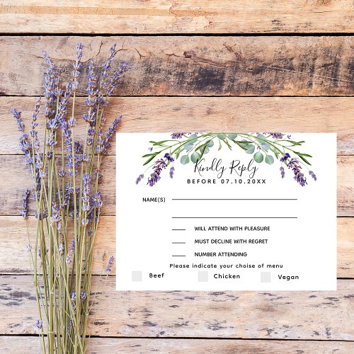 Lavender eucalyptus wedding response RSVP menu