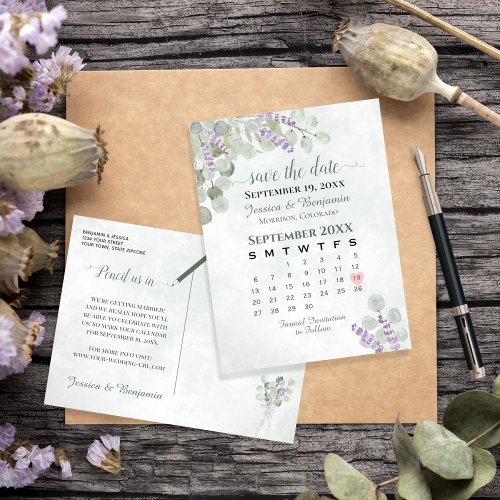 Lavender Eucalyptus Wedding Save the Date Calendar Announcement Postcard