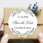Lavender eucalyptus wedding Save the Date Classic Round Sticker<br><div class="desc">A stylish white background decorated with lavender flowers and eucalyptus greenery.  Personalize and add your names and wedding date.</div>