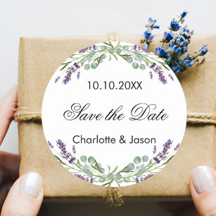 Lavender eucalyptus wedding Save the Date Classic Round Sticker