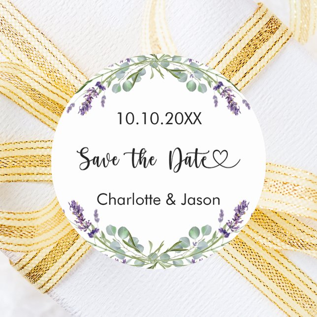 Lavender eucalyptus wedding Save the Date Classic Round Sticker (Creator Uploaded)