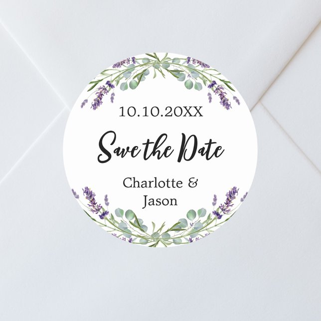 Lavender eucalyptus wedding Save the Date Classic Round Sticker (Creator Uploaded)