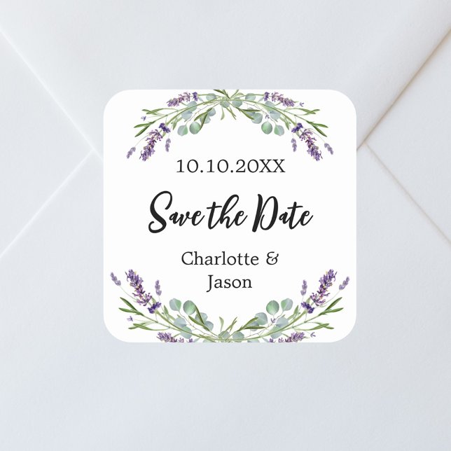 Lavender eucalyptus wedding Save the Date Square Sticker (Creator Uploaded)