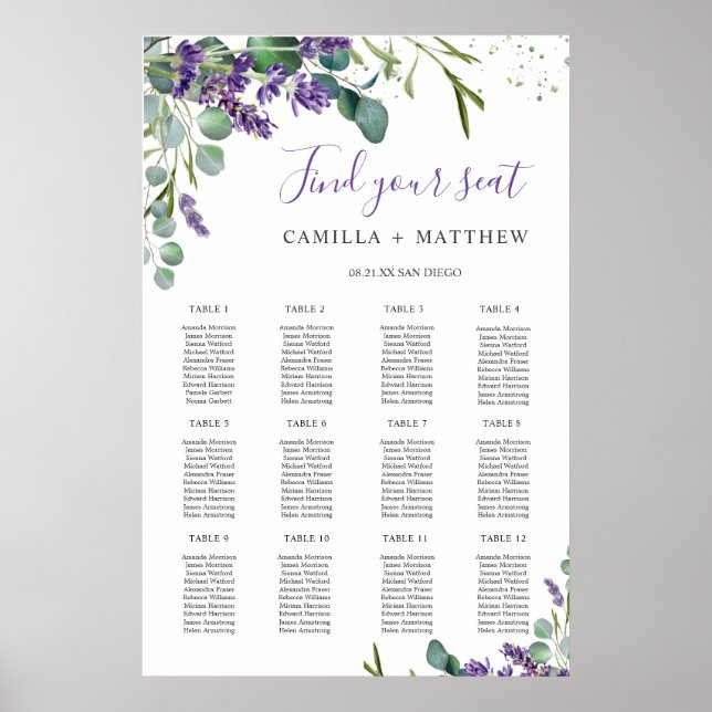 Lavender Eucalyptus Wedding Seating Chart Poster (Front)