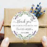 Lavender eucalyptus wedding thank you classic round sticker<br><div class="desc">A stylish white background decorated with lavender flowers and eucalyptus greenery.  Personalize and add your names and wedding date. With the text: Thank you for sharing our special day.</div>