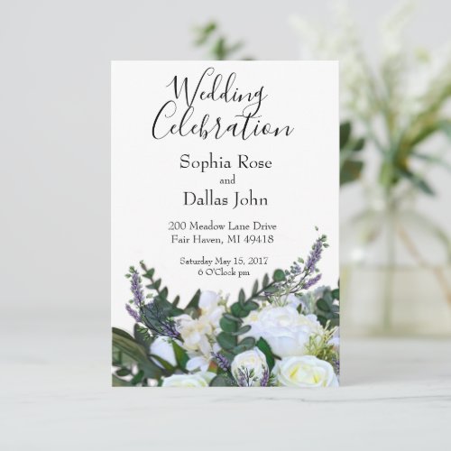 Lavender Eucalyptus white roses greenery    Invitation