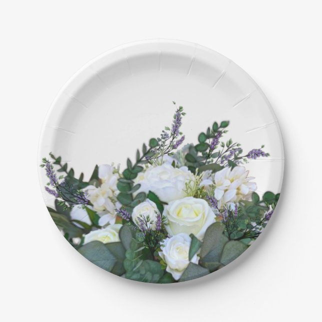 Lavender Eucalyptus white roses greenery      Paper Plates (Front)