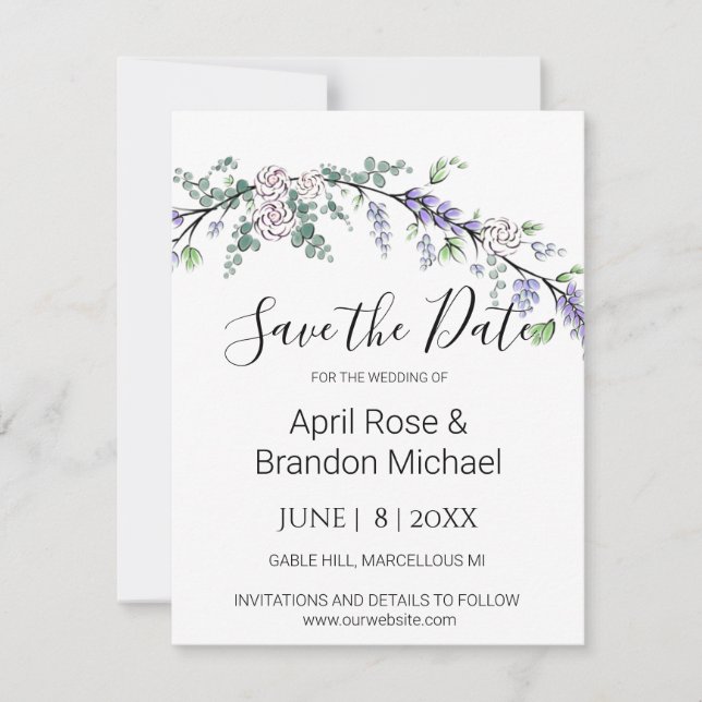 Lavender Eucalyptus white roses watercolor  Save The Date (Front)