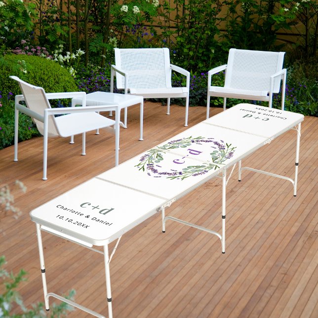 Lavender eucalyptus wreath monogram wedding white beer pong table (Creator Uploaded)