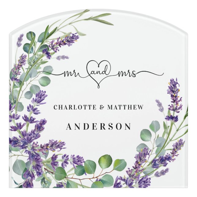 lavender eucalyptus wreath mr mrs names door sign (Contour Front)