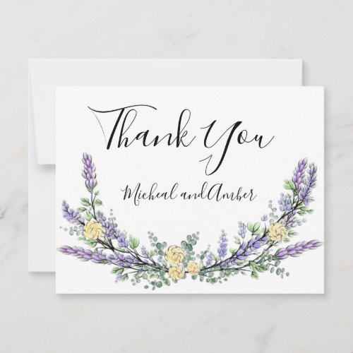 Lavender Eucalyptus yellow roses elegant script Thank You Card