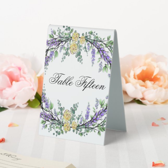 Lavender eucalyptus yellow roses yellow Floral  Table Tent (In SItu (Wedding))
