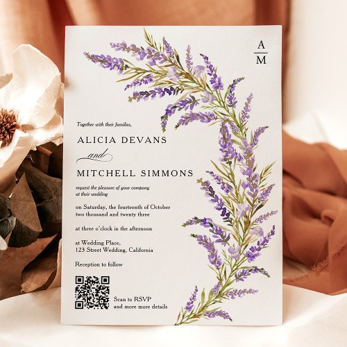 Lavender Fall autumn floral watercolor QR wedding  Invitation