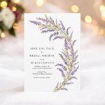 Lavender Fall floral watercolor bridal shower Save The Date<br><div class="desc">Announce the celebration in style with this lavender-themed bridal shower save-the-date card, featuring delicate hand-painted watercolor sprigs in soft purples and greens. The elegant serif typography complements the minimalist white background, creating a timeless and romantic feel. Perfect for rustic, botanical, or Provence-inspired bridal showers, this design sets the tone for...</div>
