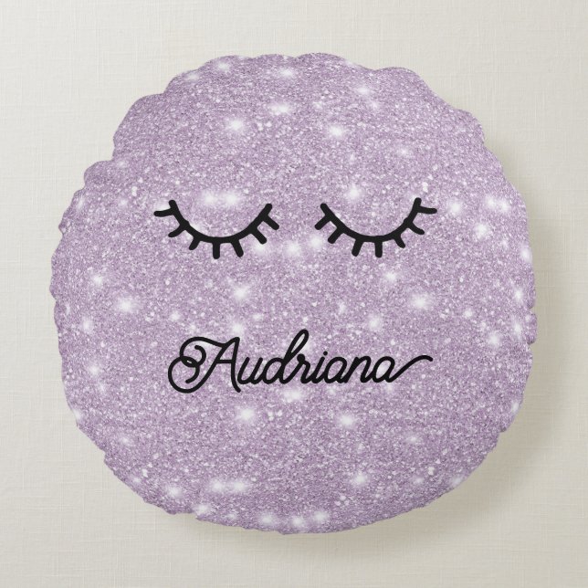Lavender Faux Glitter Eyelashes Personalized Name Round Pillow (Front)