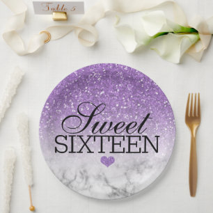 Lavender Faux Glitter/Marble Sweet 16 Paper Plates