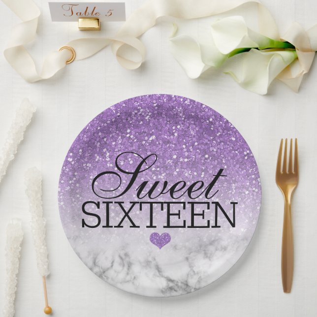 Lavender Faux Glitter/Marble Sweet 16 Paper Plates (Wedding)