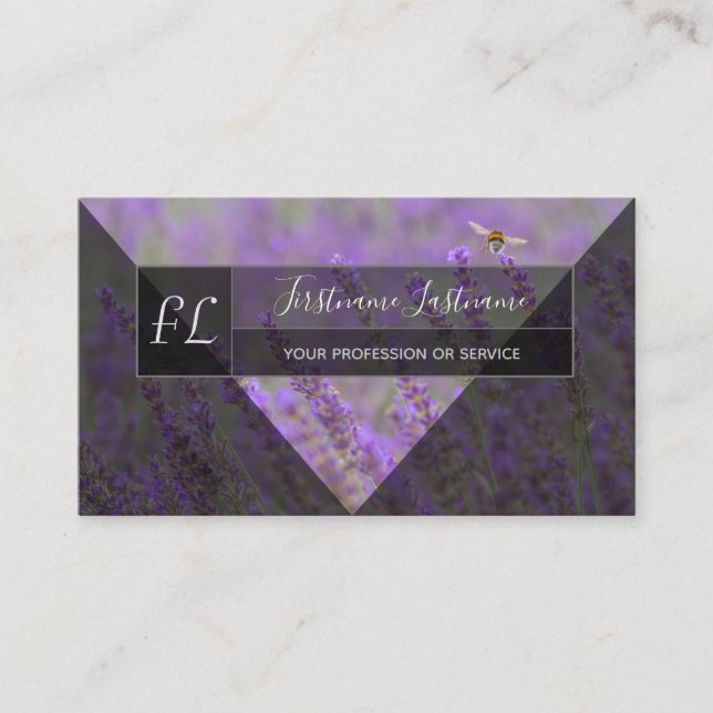 Lavender field bumblebee gray triangles monogram business card (Front)