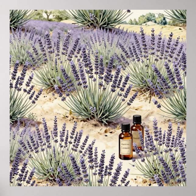 Lavender Field Essential Oil Watercolor Pattern Poster (Front)