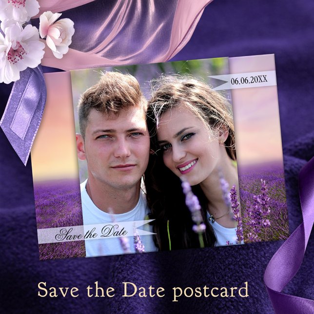 Lavender Field Floral Country Save the Date Announcement Postcard (Save the Date postcard featuring your custom photo framed by a painting of a lavender flower field)