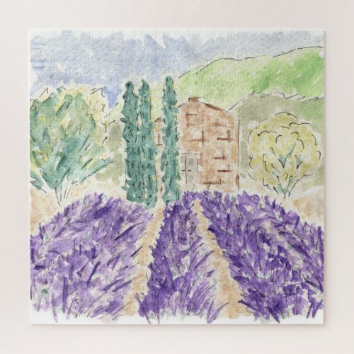 Lavender Fields France Watercolor Jigsaw Puzzle