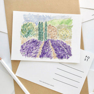 Lavender Fields France Watercolor Travel Postcard