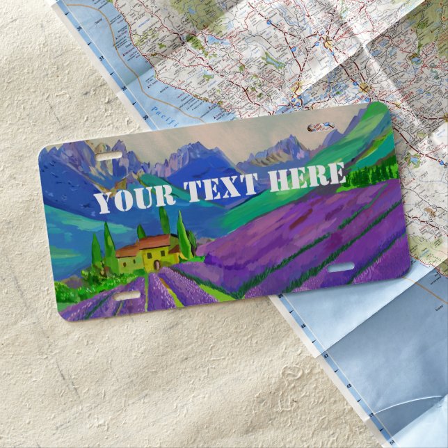 Lavender fields in front of mountains license plate (In Situ)