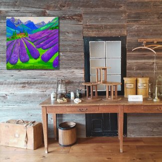 Lavender fields in front of mountains