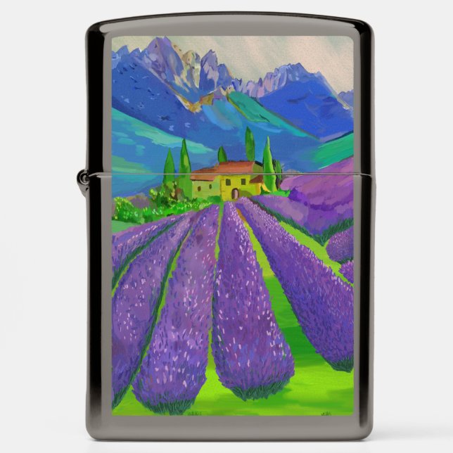 Lavender fields in front of mountains zippo lighter (Front)