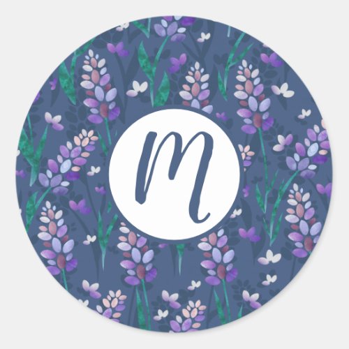 Lavender Fields Pattern in Purple Classic Round Sticker