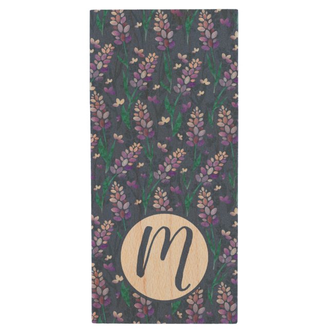 Lavender Fields Pattern in Purple Wood Flash Drive (Front Vertical)