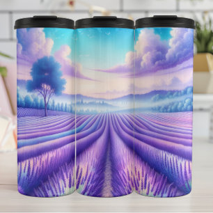 Lavender Fields, Purple Dream, Serene Sky. Thermal Tumbler