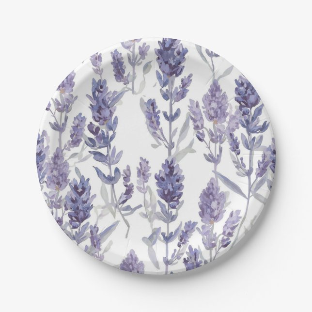Lavender Fields | Purple Watercolor Flower Pattern Paper Plates (Front)