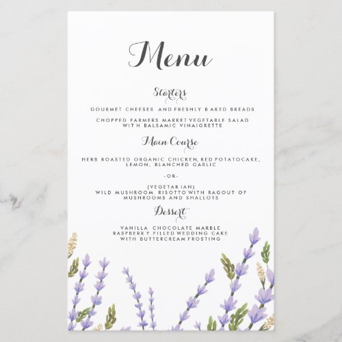 Lavender Fields Wedding Dinner Menu